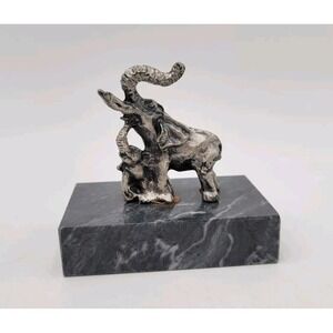 Silver Plated Pewter Elephants Mom & Baby On Marble Base Paperweight Figurine